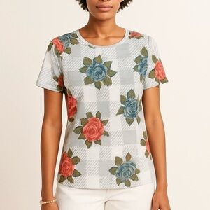 LuLaRoe Women’s Classic T Red Blue Roses Pattern Medium Spring Tunic NWT